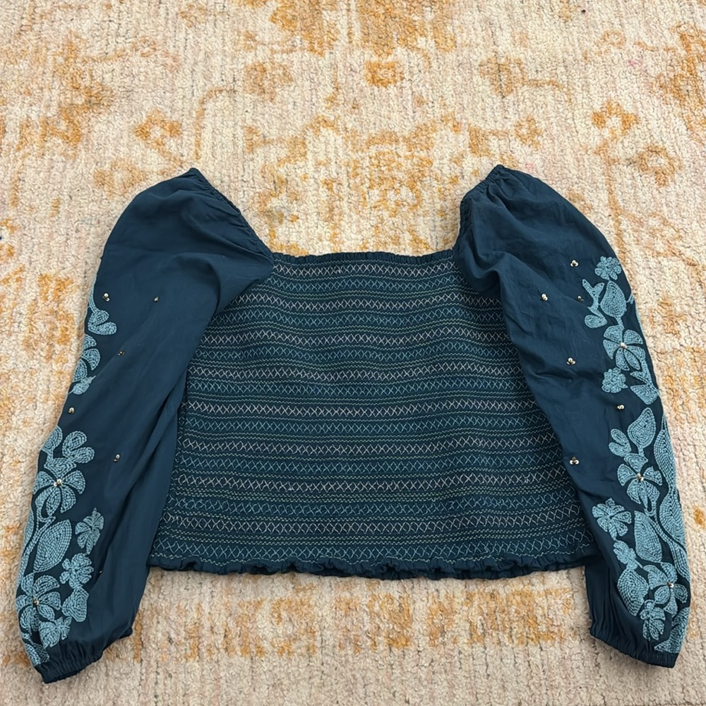 Anthropologie Floral Embroidered Smocked Puff Sleeve Top Turquoise Green Size L - Picture 8 of 9